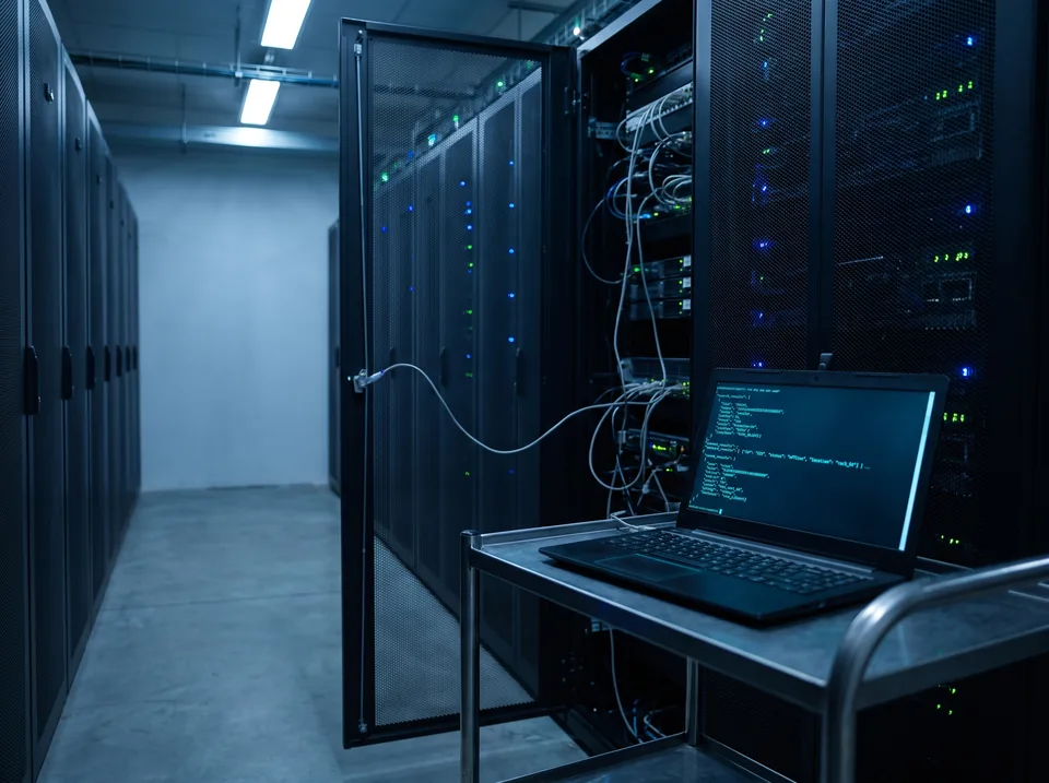 Server aisle with an unplugged cable and a laptop showing JSON search results