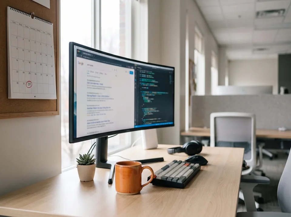 Engineer's desk with search results on screen and a calendar with the deadline circled