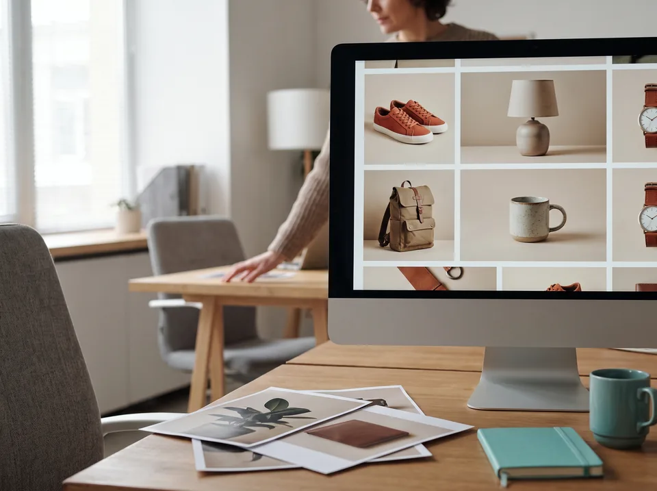 Monitor showing a grid of product image results with printed product photos on the desk