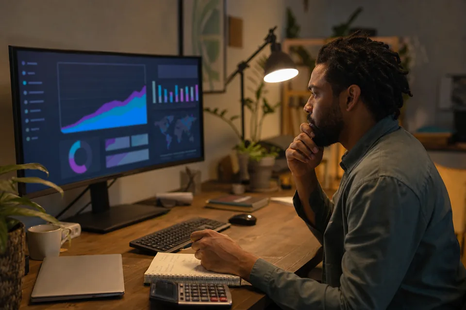 Data engineer checking a usage and billing chart with a calculator and notebook