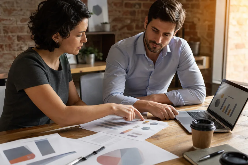 Two agency analysts comparing printed rating charts at a meeting table