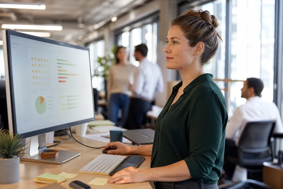 Customer experience lead reviewing a star rating dashboard at a standing desk